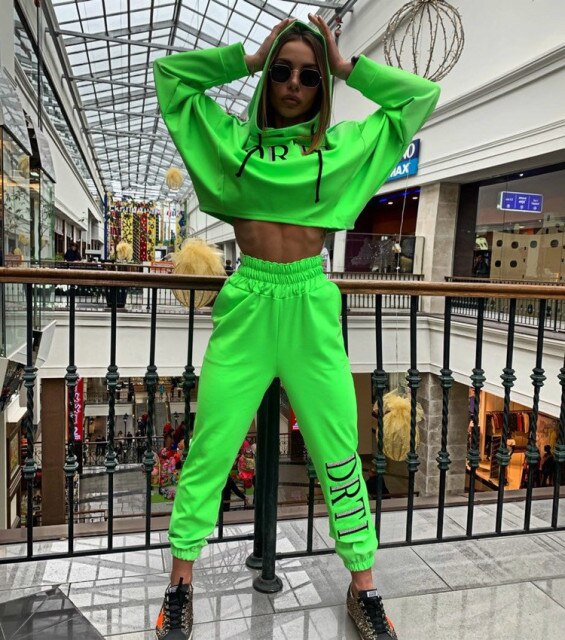 2022Winter/ Autumn Neon Two Piece Set  Casual Crop Top and Pants