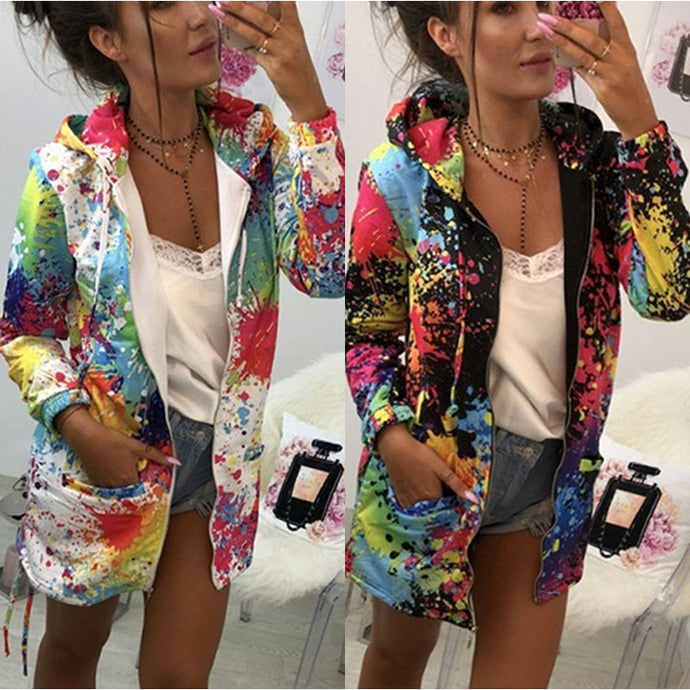 Women's Long Hooded Colorful  Print Windbreaker Parka Autumn /Winter Clothes