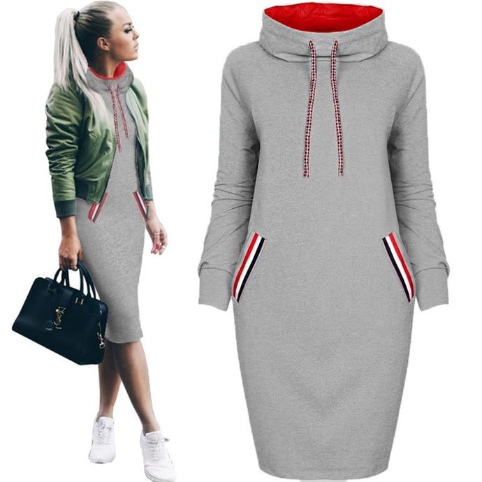 Autumn/Winter Women Sweatshirt dress Slim Long sleeve Turtleneck Drawstring