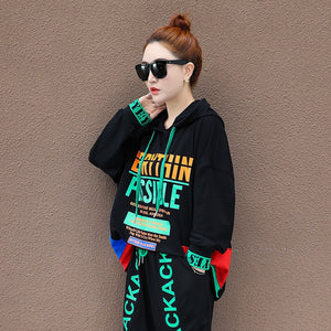 Runway TWO PIECE SET Hoodie Jogger Pants Designer Suit Women Tracksuit Patchwork Pullover Letter Print Chic