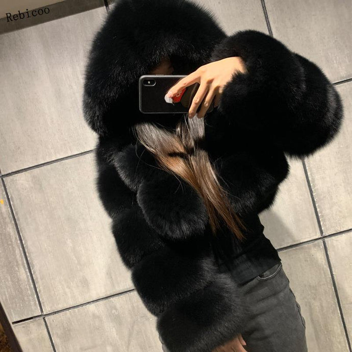 Women Soft Hooded Fur Coat Winter Faux Fox Fur Coat  High Quality Female Jacket Thick Coat