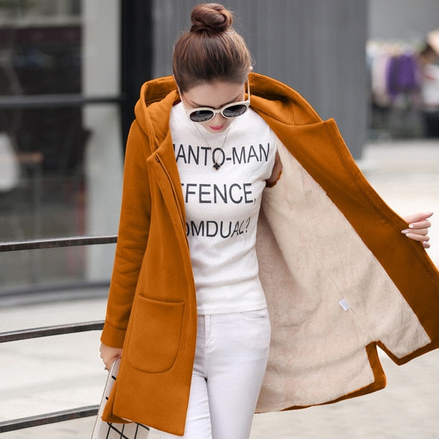 2021 Autumn Winter Women's Fleece Jacket  Long Hooded Outerwear