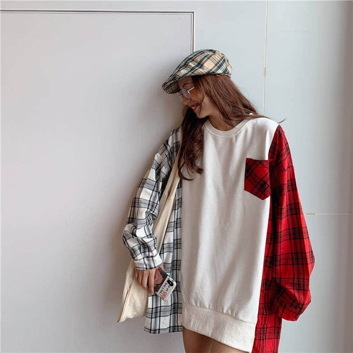 Pullover Women's Sweatshirt 2021 New Korean Pop Clothes Streetwear Pullover Sweatshirt Women Vintage Contrast Color Plaid Top