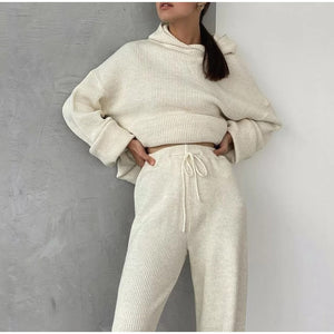 Solid Knitted Women Hooded 2 Piece Set Loose Long Sleeve Sweatshirt Wide-legged Elastic Waist Pants Lady Sets 2021 Spring Casual