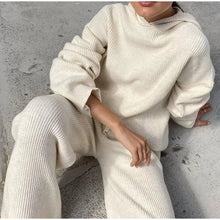 Solid Knitted Women Hooded 2 Piece Set Loose Long Sleeve Sweatshirt Wide-legged Elastic Waist Pants Lady Sets 2021 Spring Casual