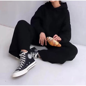 Solid Knitted Women Hooded 2 Piece Set Loose Long Sleeve Sweatshirt Wide-legged Elastic Waist Pants Lady Sets 2021 Spring Casual