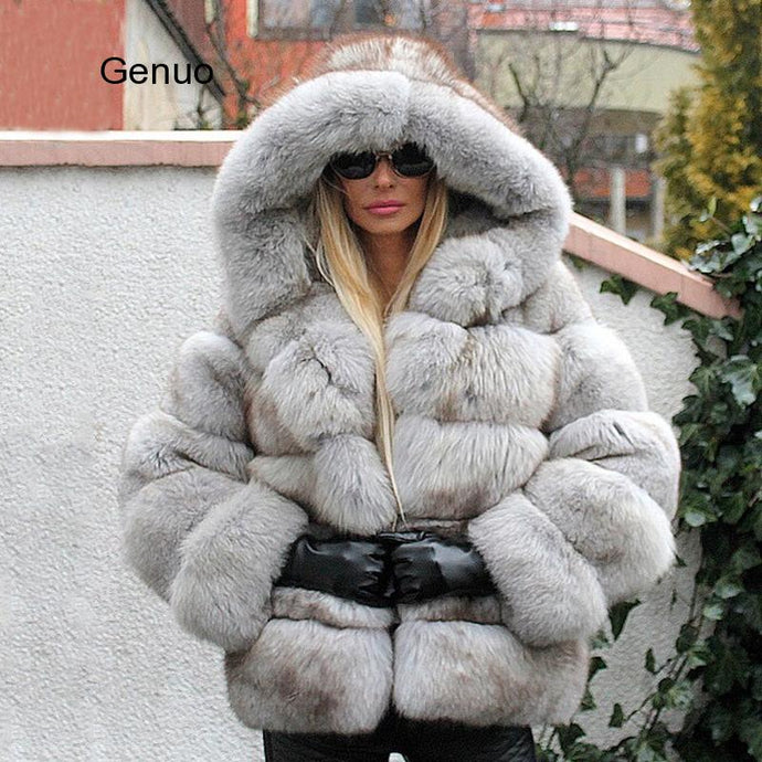 Luxury Faux Fox Fur Coat Women Short Winter Jacket with Big Fur Hood Thick Warm Overcoat 2021 New Fashion Flurry Fake Fur Coats