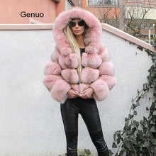 Luxury Faux Fox Fur Coat Women Short Winter Jacket with Big Fur Hood Thick Warm Overcoat 2021 New Fashion Flurry Fake Fur Coats