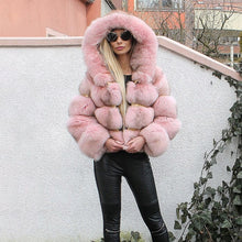 Luxury Faux Fox Fur Coat Women Short Winter Jacket with Big Fur Hood Thick Warm Overcoat 2021 New Fashion Flurry Fake Fur Coats