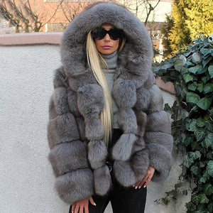 Luxury Faux Fox Fur Coat Women Short Winter Jacket with Big Fur Hood Thick Warm Overcoat 2021 New Fashion Flurry Fake Fur Coats