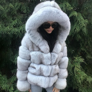 Luxury Faux Fox Fur Coat Women Short Winter Jacket with Big Fur Hood Thick Warm Overcoat 2021 New Fashion Flurry Fake Fur Coats