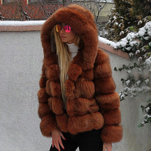 Luxury Faux Fox Fur Coat Women Short Winter Jacket with Big Fur Hood Thick Warm Overcoat 2021 New Fashion Flurry Fake Fur Coats