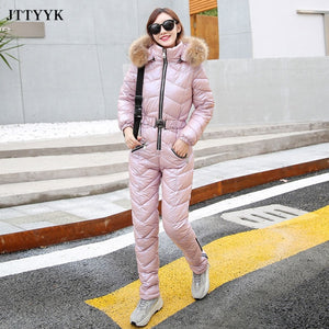 New Winter Women's Hooded Jumpsuits Parka Cotton Padded Warm Sashes Suit Straight Zipper One Piece Casual Tracksuits