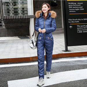 New Winter Women's Hooded Jumpsuits Parka Cotton Padded Warm Sashes Suit Straight Zipper One Piece Casual Tracksuits