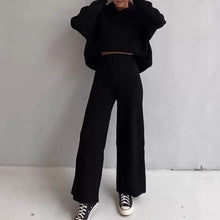 Solid Knitted Women Hooded 2 Piece Set Loose Long Sleeve Sweatshirt Wide-legged Elastic Waist Pants Lady Sets 2021 Spring Casual