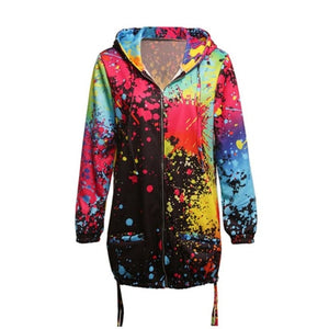 Women's Long Hooded Colorful  Print Windbreaker Parka Autumn /Winter Clothes