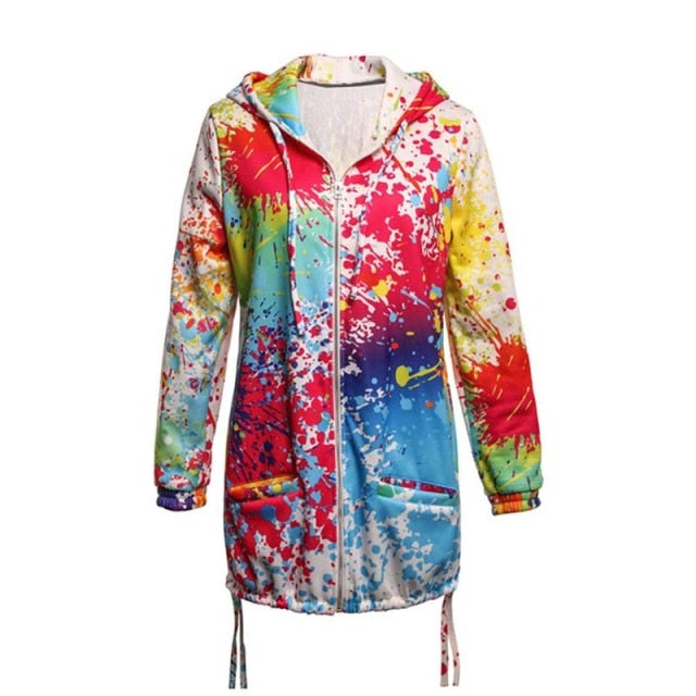 Women's Long Hooded Colorful  Print Windbreaker Parka Autumn /Winter Clothes