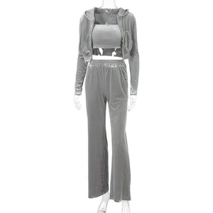 Velvet Women 3 Piece Set Hoodie Sweatshirt Zipper Tube Crop Top High Waist Wide Leg Pants Tracksuit Sporty Casual Outfit