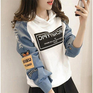 Sweatshirt Women Letter Print Patch Women Hoodies 2021 Autumn Long Sleeve Drawstring Splice Pullover