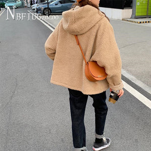 Double Side  Wear Women Coat 2021 Winter  Loose Lining With Fluff Hooded Female Jacket