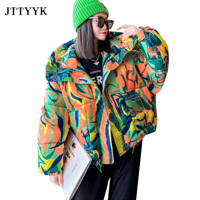 Warm Winter Down Jacket Women 2021 Graffiti Print Fashion Hooded Short Parka Girls Thick Padded Coat