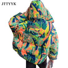 Warm Winter Down Jacket Women 2021 Graffiti Print Fashion Hooded Short Parka Girls Thick Padded Coat