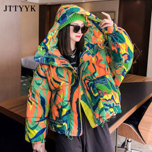 Warm Winter Down Jacket Women 2021 Graffiti Print Fashion Hooded Short Parka Girls Thick Padded Coat