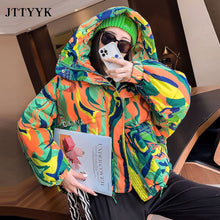 Warm Winter Down Jacket Women 2021 Graffiti Print Fashion Hooded Short Parka Girls Thick Padded Coat