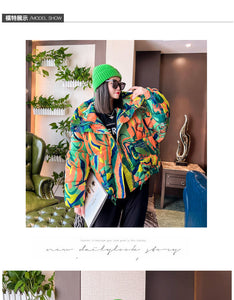 Warm Winter Down Jacket Women 2021 Graffiti Print Fashion Hooded Short Parka Girls Thick Padded Coat