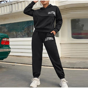 Letter Print Fleece Hoodie 2 Piece Set Full Sleeve Hooded Long Sweat pant Tracksuit Loose Casual Autumn/Winter