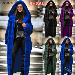 2021 Casual Faux Fur Coat  Hooded Thick Warm Long Faux Rabbit Fur Coat