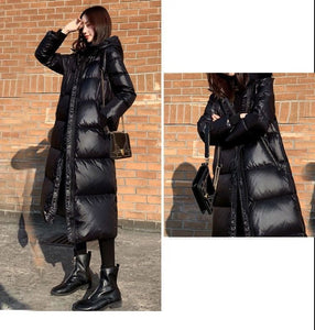 Black Glossy Parka Coat Women's 2021 Thick Winter Hooded  Long Jacket Windproof Rainproof