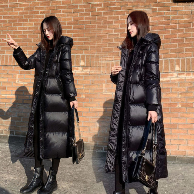 Black Glossy Parka Coat Women's 2021 Thick Winter Hooded  Long Jacket Windproof Rainproof