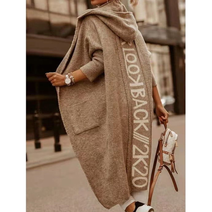 Knitted Cardigan Women Hooded Lettered Loose Sweater Full Sleeves