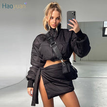 2022 Puffer Jacket 2 Piece Long Sleeve Crop Top Bandage Mini Skirt