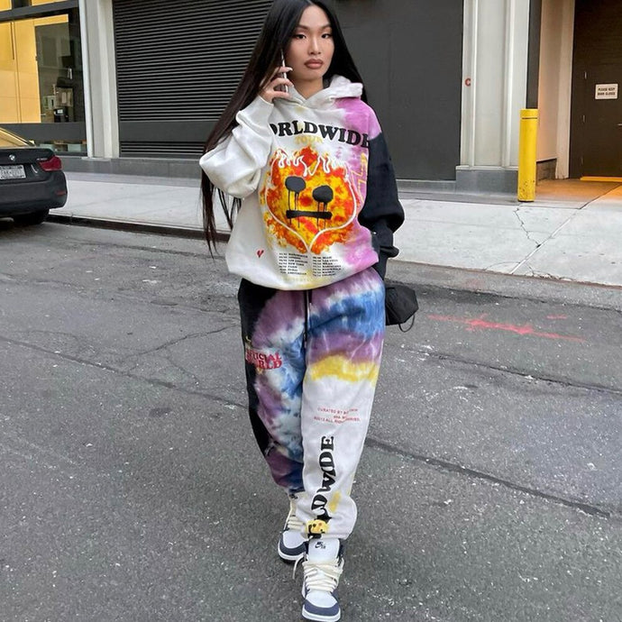 2021 Winter Tracksuit Tie Dye Letter Print Women Two Piece Set Graphic Hoodie Suit