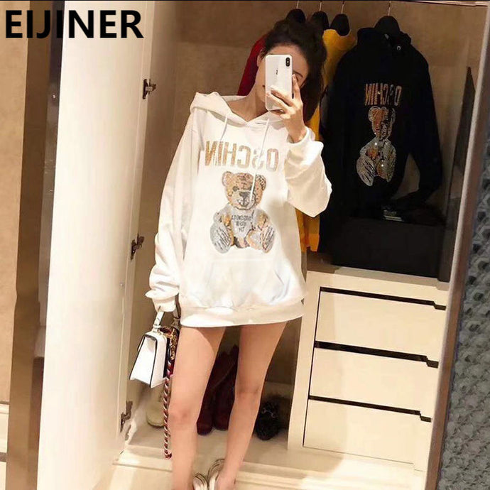 Crystal  Graphic Hoodie Oversized Sweatshirt  Diamond Letter Printed Bear