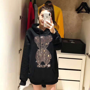 Crystal  Graphic Hoodie Oversized Sweatshirt  Diamond Letter Printed Bear