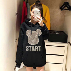 Crystal  Graphic Hoodie Oversized Sweatshirt  Diamond Letter Printed Bear