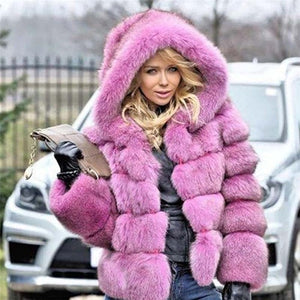 Luxury Faux Fox Fur Coat Women Short Winter Jacket with Big Fur Hood Thick Warm Overcoat 2021 New Fashion Flurry Fake Fur Coats