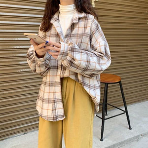 Women Plaid Shirt Blouses All-Match BF Batwing-Sleeve Oversize Checked Jacket Tops Autumn Casual Turn-Down Collar Shirts Outwear