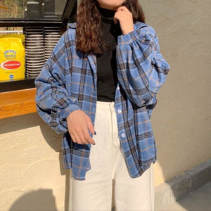 Women Plaid Shirt Blouses All-Match BF Batwing-Sleeve Oversize Checked Jacket Tops Autumn Casual Turn-Down Collar Shirts Outwear