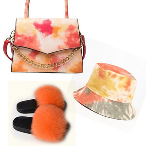 Colorful Hat With Real Fox Fur Slides And Matching Bag