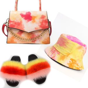 Colorful Hat With Real Fox Fur Slides And Matching Bag