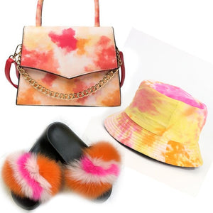 Colorful Hat With Real Fox Fur Slides And Matching Bag