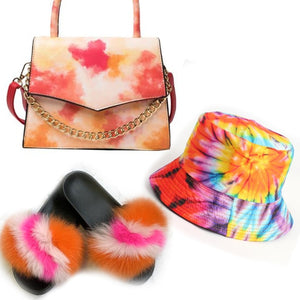 Colorful Hat With Real Fox Fur Slides And Matching Bag