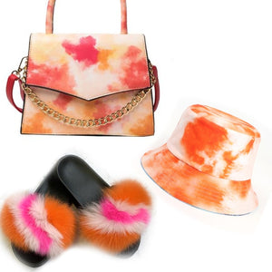 Colorful Hat With Real Fox Fur Slides And Matching Bag