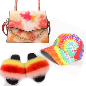 Colorful Hat With Real Fox Fur Slides And Matching Bag