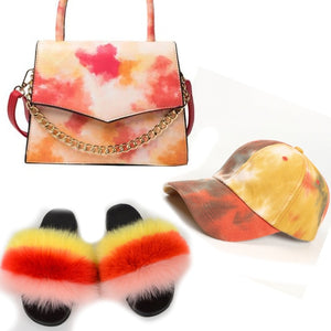 Colorful Hat With Real Fox Fur Slides And Matching Bag