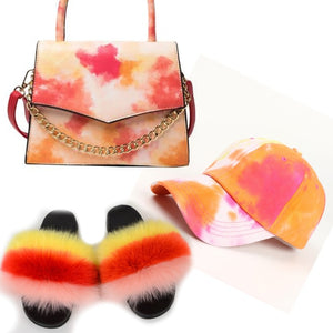 Colorful Hat With Real Fox Fur Slides And Matching Bag